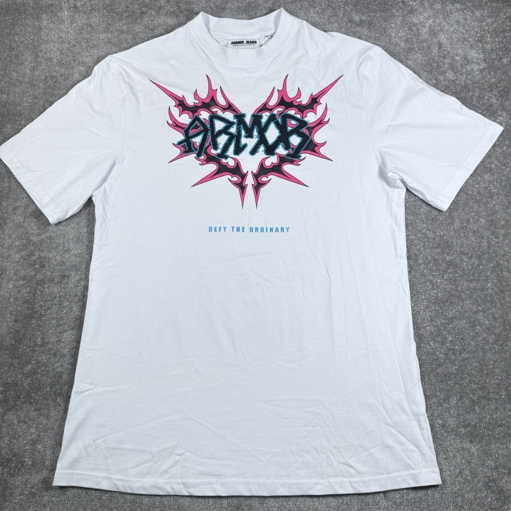 Armor Jeans T-Shirt‎ Men's XL White Graphics Embroidered Short Sleeve Streetwear